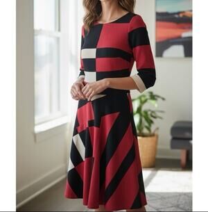 Maison Tara Sz 12 NWOT Retro Geometric Mod Print Fit & Flare Midi Dress Belted